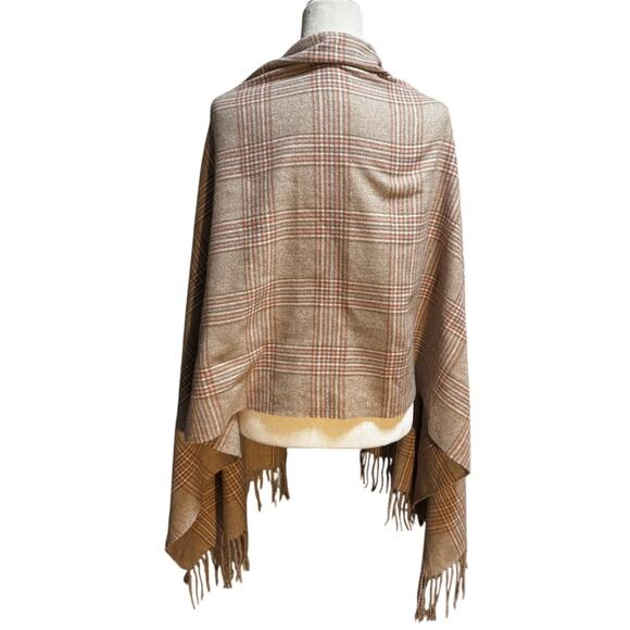 100% Cashmere Pashmina Plaid Wrap Oversized Scarf Taupe & Blush Check 72" x 29" - Picture 3 of 5